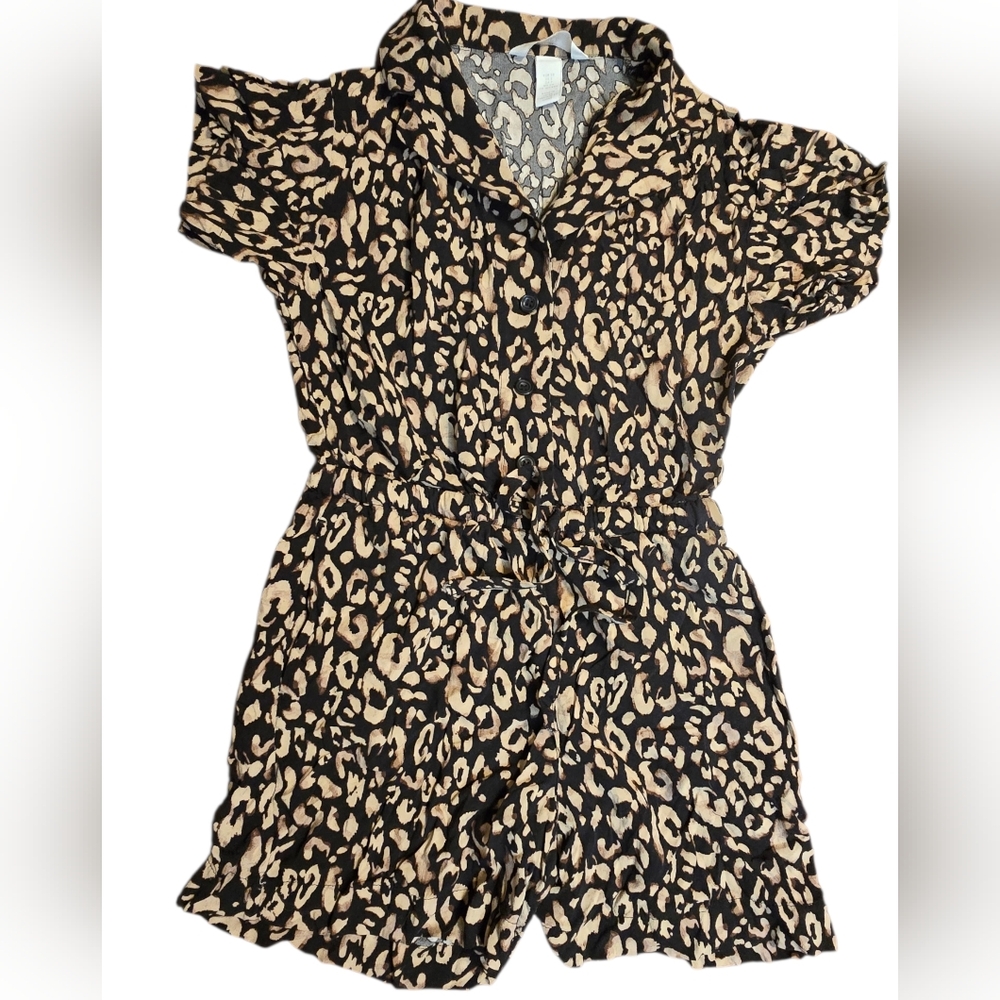 H&M Romper S Brown Cheetah Button Pockets Collared Jungle Safari